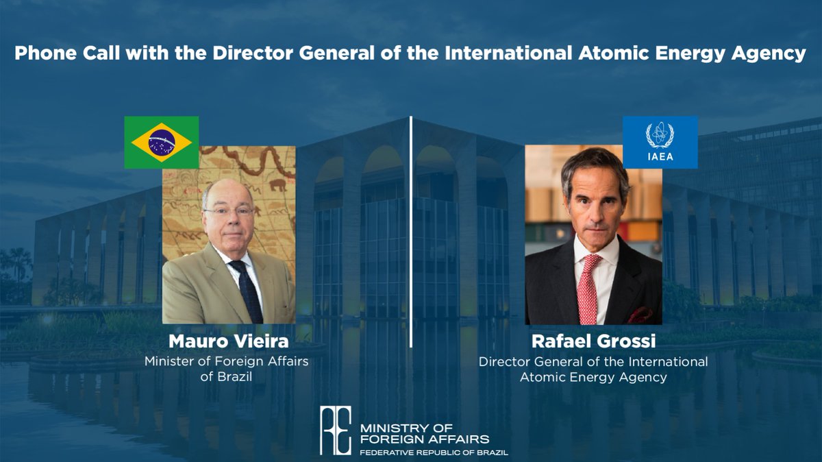 Minister Mauro Vieira spoke on the phone with Director General of the International Atomic Energy Agency <a href="/rafaelmgrossi/">Rafael Mariano Grossi</a>. Grossi reiterated the invitation to 🇧🇷 to participate in the Nuclear Energy Summit, to be held in Brussels in March 2024.