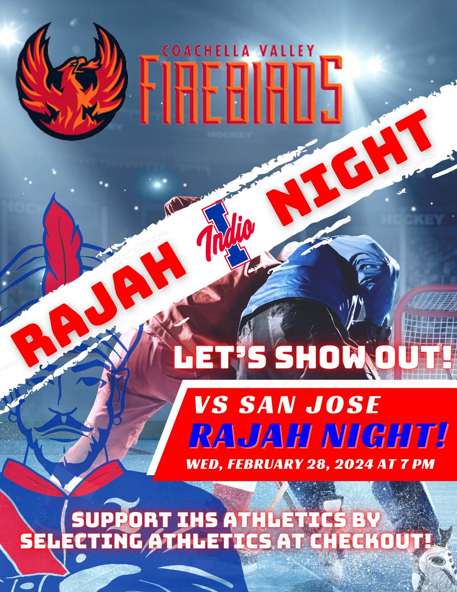 🔥LET'S GOOOOOOO to Rajah Night at the Firebirds!!
🗓️February 28th at 7PM
🔴🔵Support IHS Athletics by selecting Athletics at checkout!
fevo-enterprise.com/event/rajahnig…
<a href="/IndioHS_Sports/">Indio High School Athletics</a> @IHSRajahs <a href="/RajahsVB/">Rajahs Volleyball🏐</a> <a href="/BaseballRajah/">RajahBaseball</a> <a href="/centerlocked/">Coach Mark Vargas</a> <a href="/RajahsSoccer/">RajahsSoccer</a> <a href="/Rajah_Softball/">Jerri Schlickenmayer</a>