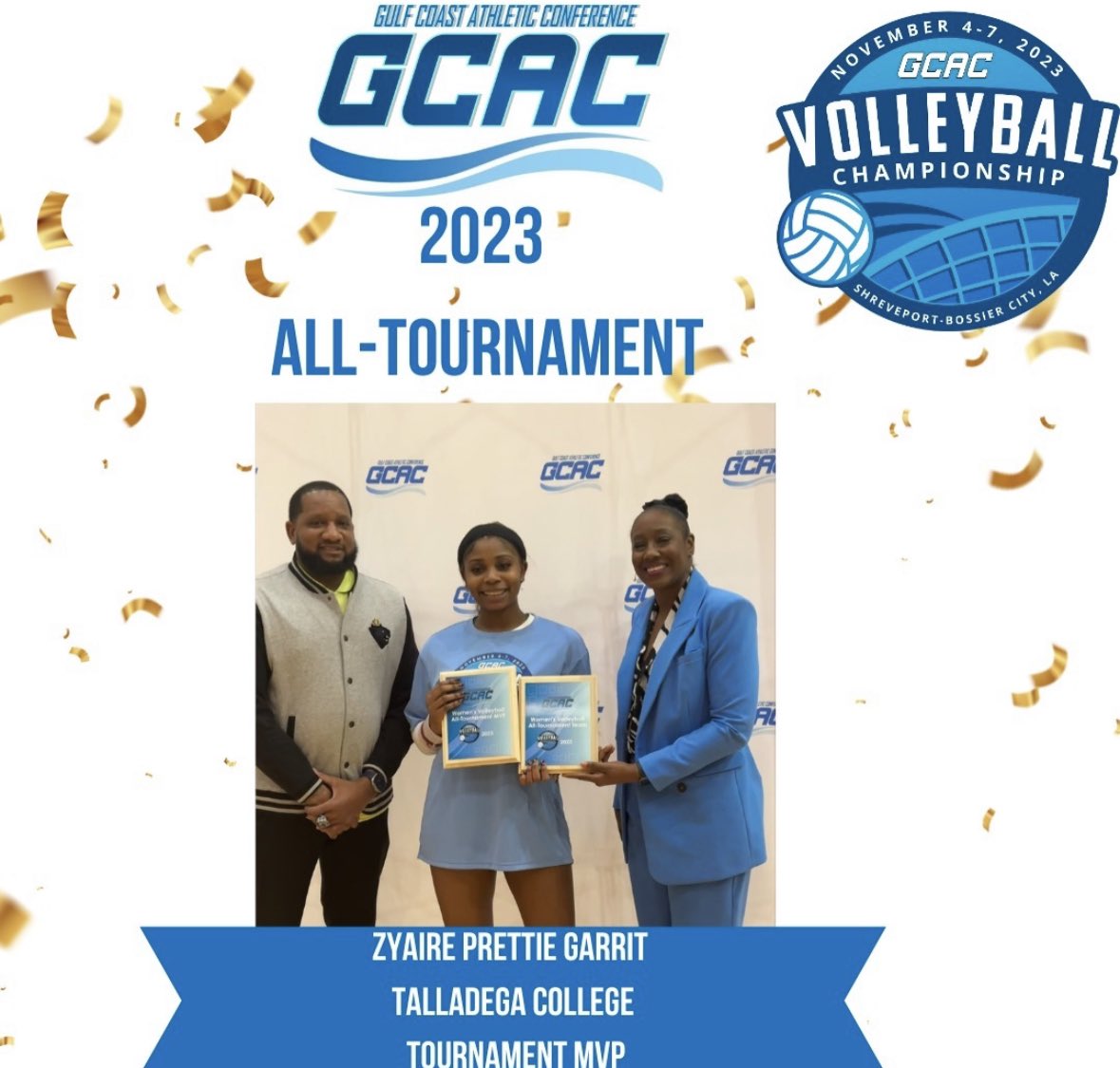 HBCUAC's tweet photo. Congratulations to the 2023 GCAC Women's Volleyball Championship Tournament MVP!🎉

Zyaire Prettie Garrit- Talladega College https://t.co/DDCGmTxgbl