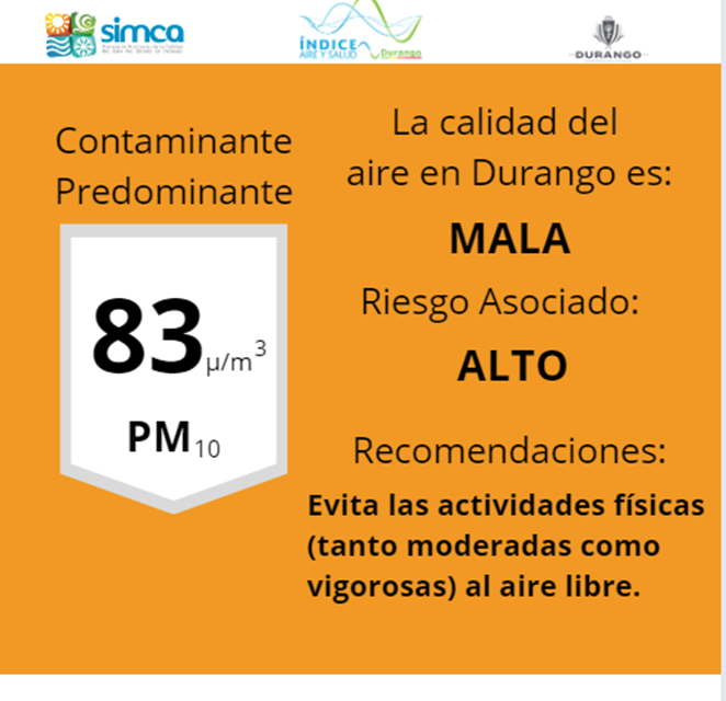 SimcaDgo's tweet photo. 07/11/23 La calidad del aire en DURANGO al momento es mala, con mayor concentración en Estación IPN https://t.co/6IXeuspUTd