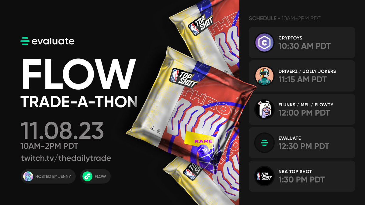 💎 Get ready for our Flow Trade-a-thon 💎

Join us for an electrifying livestream marathon featuring a dozen special guests, NFT giveaways, and real-life Evaluate swag!

📅 Date: 11/8 
🕙 Time: 10am - 2pm PDT

✨ Trade Flow NFTs with fellow collectors and immerse yourself in