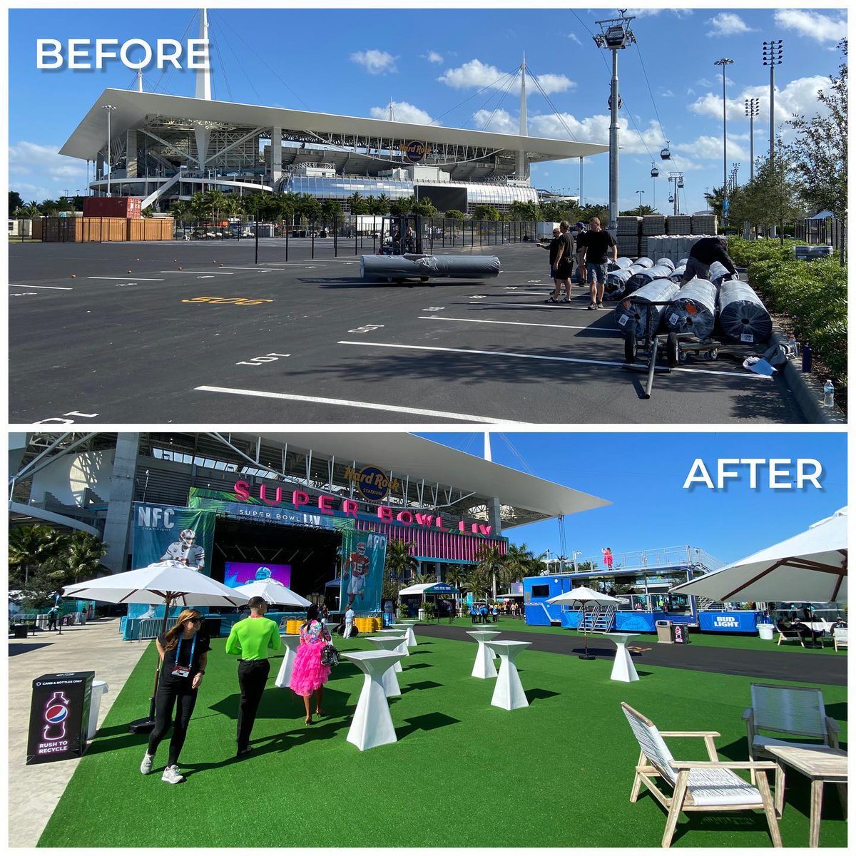 Transform unsightly parking lots into vibrant event spaces using our premium grade event turf.
#eventflooring #eventturf #customturf #outdoorturf #syntheticgrass #syntheticturf #sportingevents #turf #parkinglots #turflife #beforeandafter #premiumturf #turfcover #floorcover