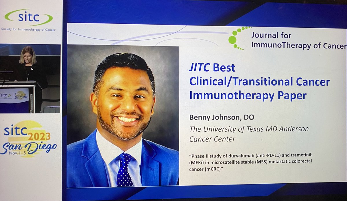Benjohnson1112's tweet photo. @sitcancer thank you for the honor to be the Award Recipient for the 2023 Best Clinical / Translational Cancer Immunotherapy Paper @jitcancer! so much collaborative work to be done in advancing novel IO combinations via innovative clinical trials for our patients #unlockMSS https://t.co/OfpcijCX1P