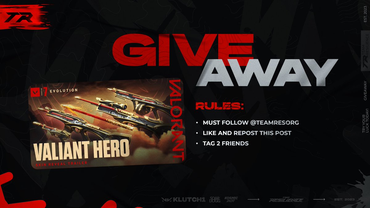 🚨VALIANT HERO GIVEAWAY!🚨

Yes, you read that right. We’re giving away ANOTHER bundle. 

Here’s how you can win:
- Must follow <a href="/teamresorg/">Team Resilience</a> 
- Like and repost this post.
- Tag 2 friends!

The giveaway ends Sunday 11/12/23 at 6pm CST!