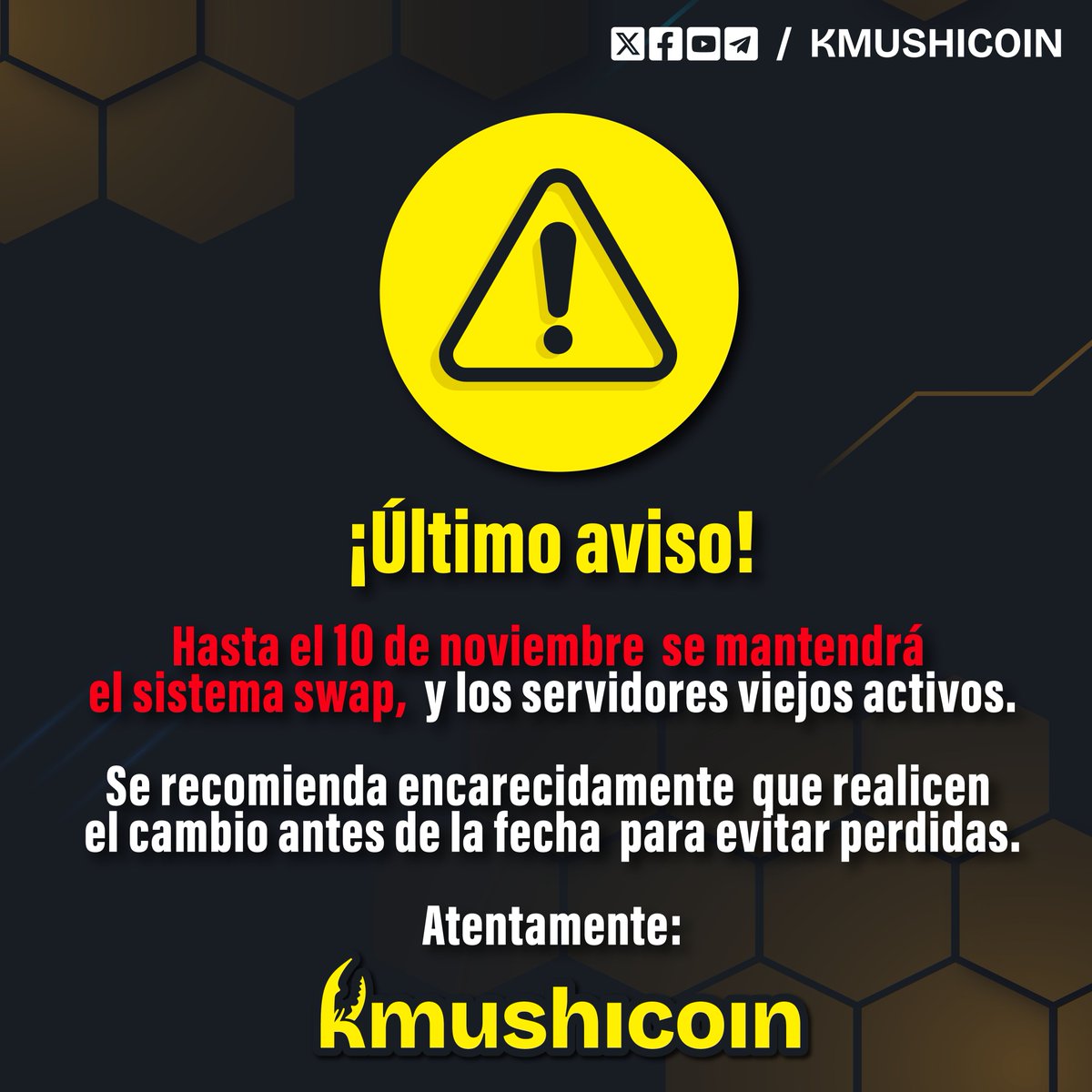 kmushicoin's tweet photo. ⚠️ Atención: Debes pasar a la nueva red incluyendo tus monedas antes del 10 de Noviembre. https://t.co/44etlZi0VU https://t.co/U9E7bnpaby