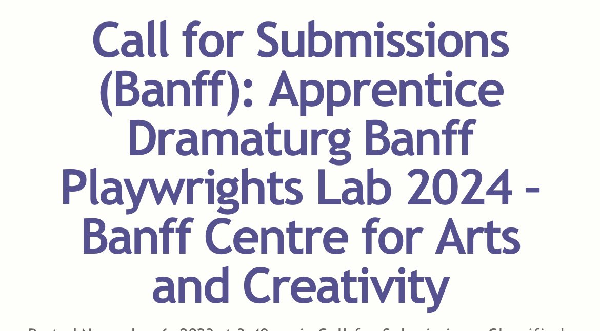 New this year at the Banff Playwrights Lab: a national call for applications to be the Lab’s Apprentice Dramaturg in April 2024. Apply by November 22. 

Info and application details here:  

theatrealberta.com/2023/11/06/cal…

<a href="/banffcentre/">Banff Centre</a> <a href="/LMDAmericas/">LMDA</a>