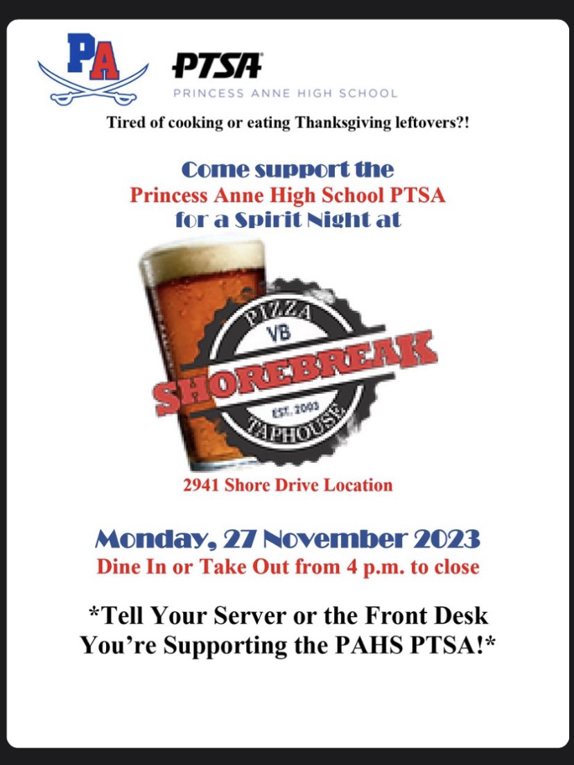 🚨 Take a night off of cooking the Monday after Thanksgiving, and the PTSA will earn 15% of all sales. Just mention Princess Anne High School PTSA when you order in-restaurant or place a take-out order (delivery is not included in the spirit night) 🚨