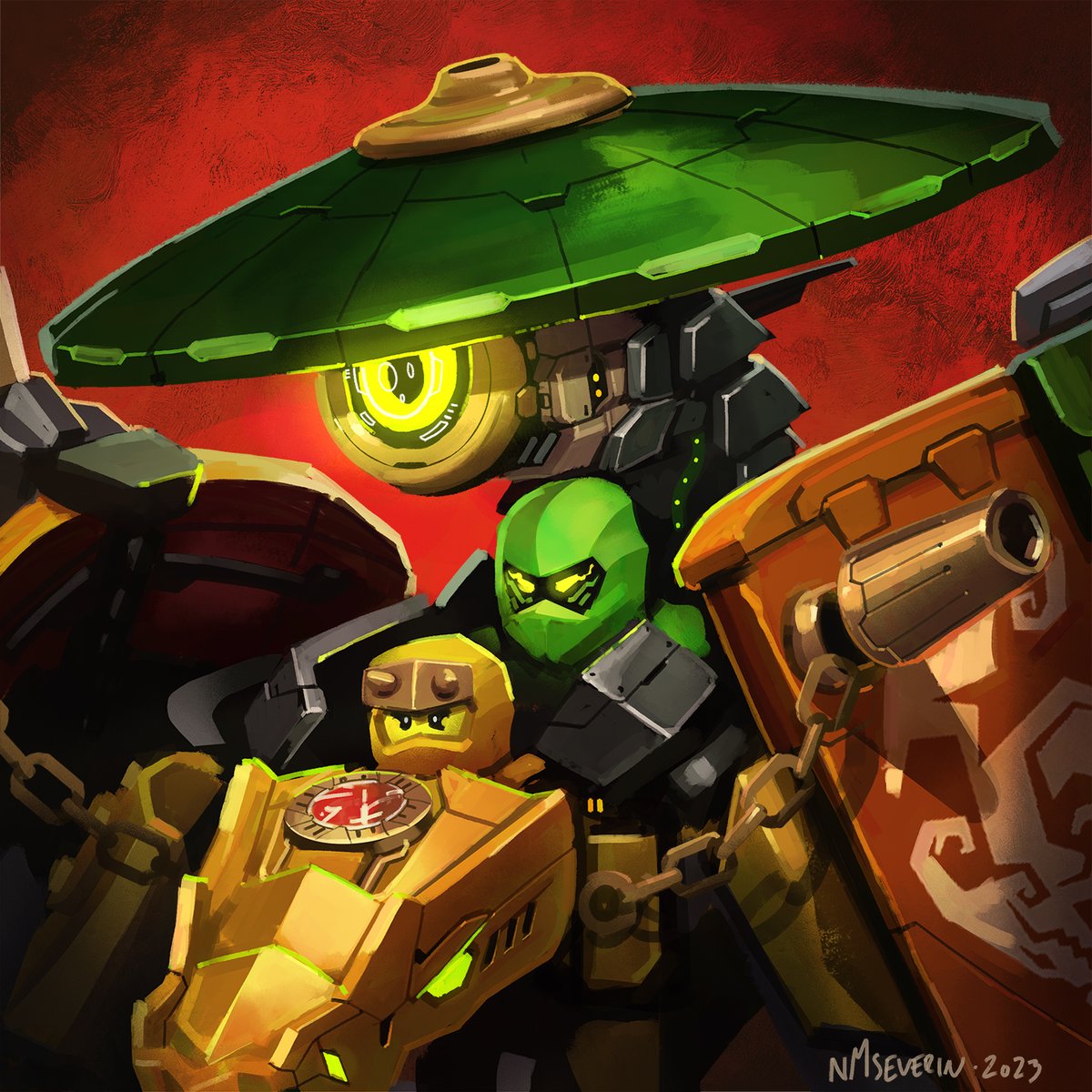 I've been wanting to do the #ninjago #lloyd and #arin team mech for a while and finally sat down for a 100 minutes no-sketch-lets-see-where-this-goes session. Good fun showing a mech I really dig. (Sure, I have a small work credit on it, still I unapologetically think it's cool.)