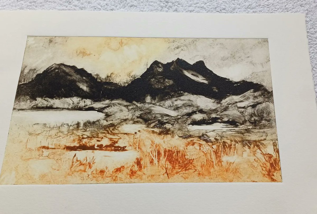 AileenPix's tweet photo. A new print emerges today. I made the plate recently at @EdinburghPrints and printed it in my studio today.  It will be called "Edge of Assynt", I think. #printmaking #intaglioprint #photopolymergravure https://t.co/KeJ3XyCui5