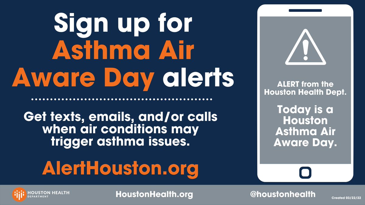 Knowing what to expect when you walk outside is very important if you have asthma. The Houston Health Department (#HHD) sends Asthma Air Aware Day alerts directly to you to keep you in the loop on Houston’s air quality. Sign up today at AlertHouston.org #AsthmaAirAware
