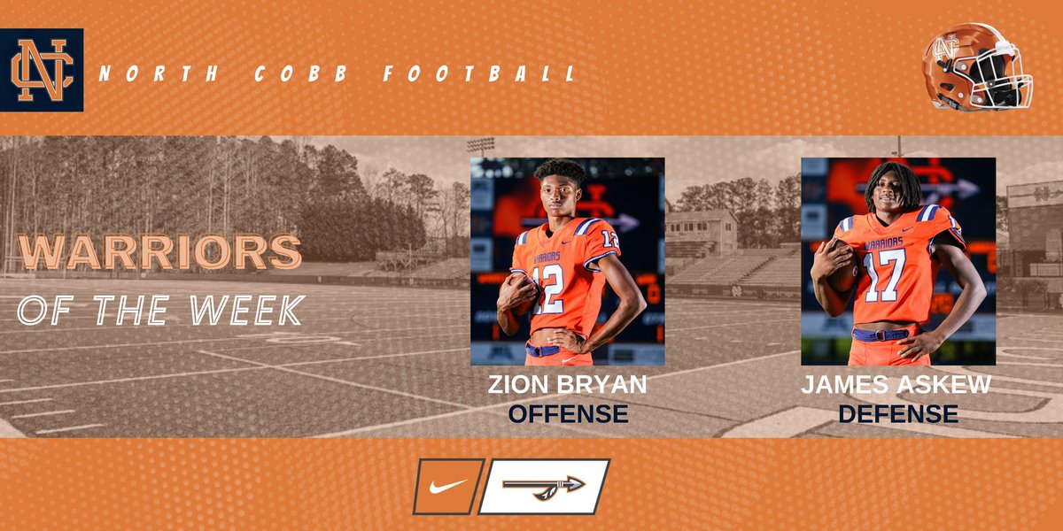 North Cobb Warriors Football (@ncwarriorsfb) on Twitter photo Congratulations to <a href="/zionbryan81/">Zion Bryan</a> and <a href="/jaskew109/">James Askew</a> for being The Players of the Week in the win vs Osborne. <a href="/nchswarriors/">North Cobb Athletics</a> <a href="/northcobbOLine/">NC Warriors OL</a> <a href="/NCHSrecruit/">North Cobb HS Recruiting</a> <a href="/nchswarriors/">North Cobb Athletics</a> Congratulations to <a href="/zionbryan81/">Zion Bryan</a> and <a href="/jaskew109/">James Askew</a> for being The Players of the Week in the win vs Osborne. <a href="/nchswarriors/">North Cobb Athletics</a> <a href="/northcobbOLine/">NC Warriors OL</a> <a href="/NCHSrecruit/">North Cobb HS Recruiting</a> <a href="/nchswarriors/">North Cobb Athletics</a>