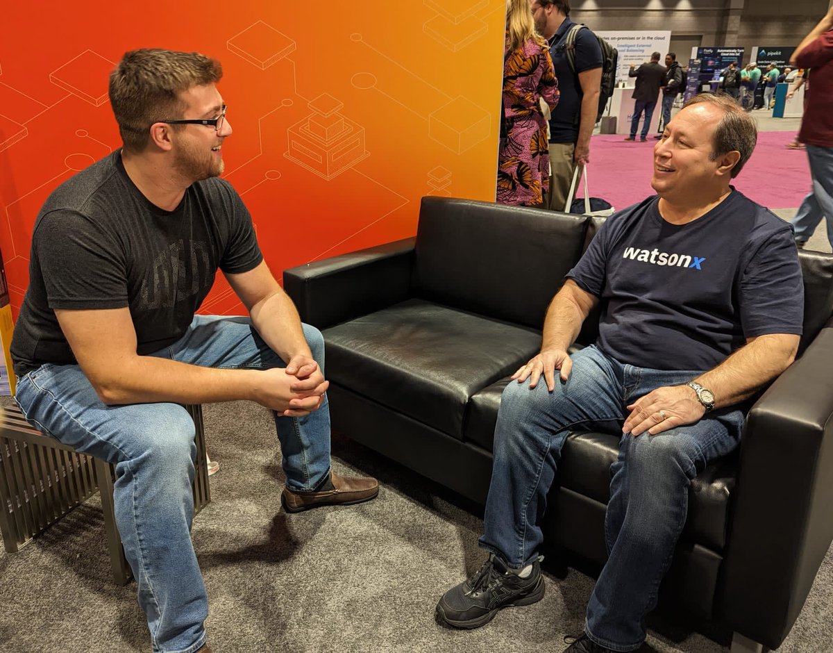 bradtopol's tweet photo. A huge thanks to @stevebot and @equinixmetal for allowing me to do a podcast on open source and @IBMwatsonx at their booth at #KubeCon! I very much enjoyed getting to sit and chat with my long time friend @stevebot! https://t.co/OYTXV6VeNC