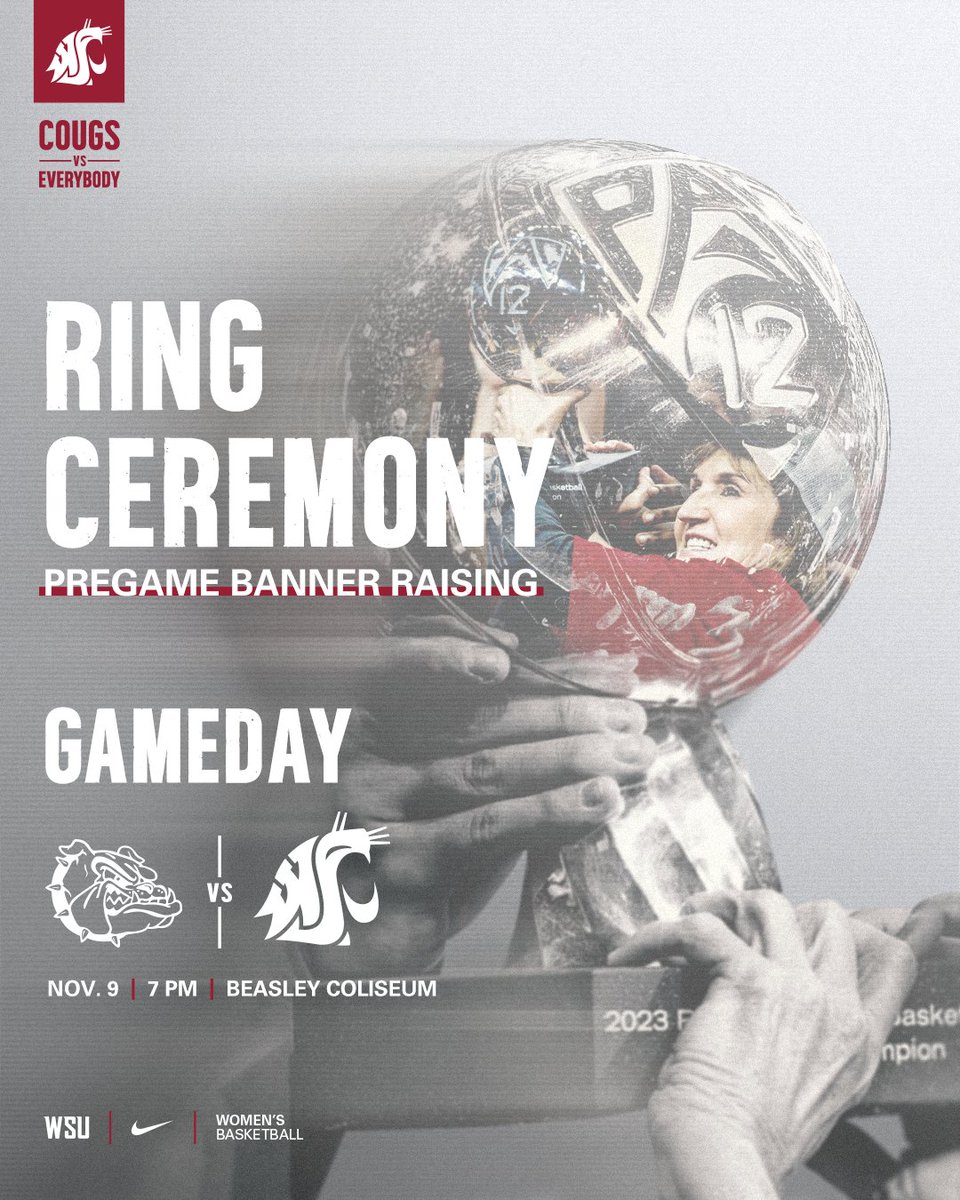 Ring Ceremony Vibes in the Air❗️ 

Join us in celebrating the incredible achievements of last year's Pac-12 Championship run. Can't wait to see all you Cougs and help us raise the banner high.

⌚️ Starts at 6:45 PM
📍 Beasley Coliseum
🎟️ rb.gy/qwjh8d

#GoCougs // #CVE
