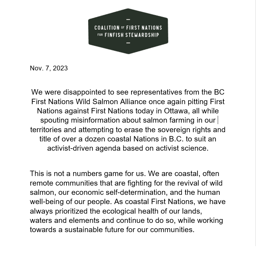 Our statement regarding BC FNWSA's press conference in Ottawa this morning where they are lobbying for the damaging removal of salmon farms in our traditional territories without our consent or participation. 
#fnpoli #cdnpoli #bcpoli #UNDRIP