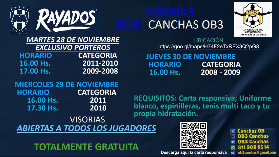 Canchas OB3 te invita a participar en nuestras próximas Visorias con el Club de Fútbol Monterrey.
¡ Te esperamos !
<a href="/GabyBatocletti/">∞ Gaby Batocletti ∞</a> <a href="/Vanebalderasg/">Vane Balderas</a>