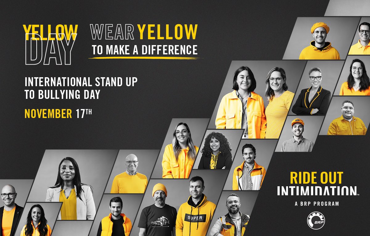 BTWFoundation's tweet image. .@BRPnews invites you to celebrate Yellow Day in support of International Stand Up to Bullying Day on November 17th. To participate, post a photo in yellow with #RideOutIntimidation and for every public post, BRP will donate CA$10 to community partners across the globe!