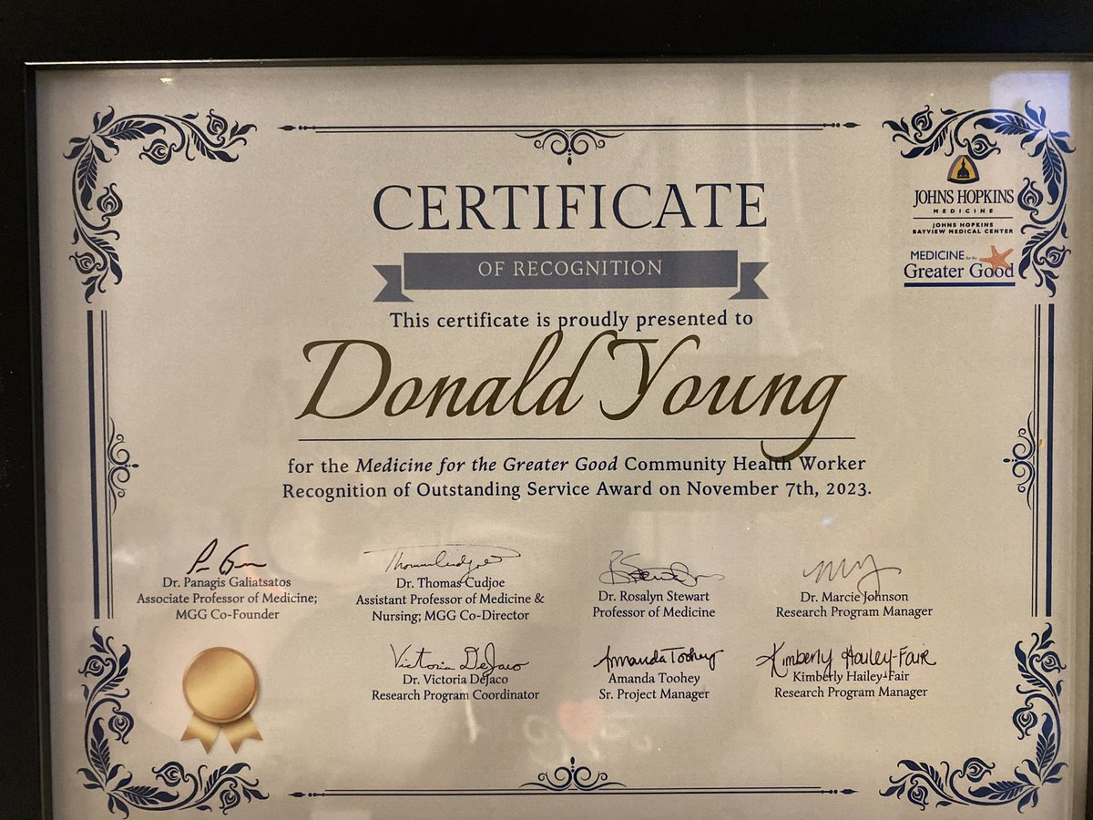 Big shout out to @ictrjhu @JHUNursing #CEALDMV #DonaldYoung for being recognized for his outstanding service as a #CommunityHealthWorker during @HopkinsBayview @medgreatergood’s annual symposium today! Congratulations, Donald!