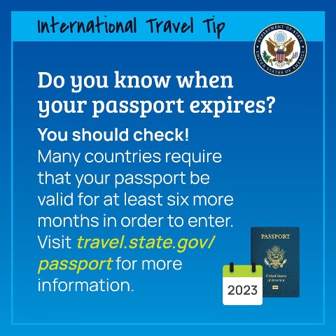 If you have international travel plans, check your passport expiration date now. Many countries require that your passport be valid for at least six months after your planned departure. Visit travel.state.gov/passport for current processing times. #TravelGov