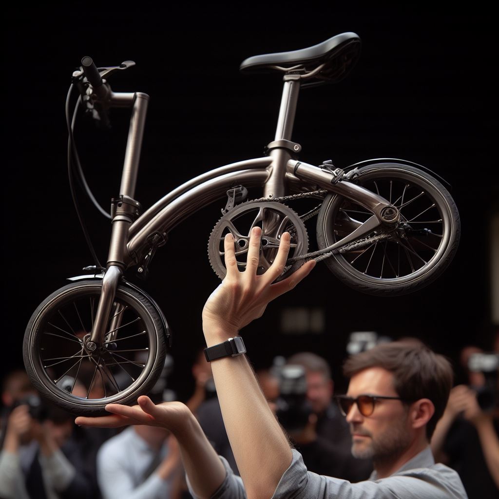 ryo_u_say's tweet image. 「チタン製の Brompton T-Line を片手で持ち上げて軽さをアピールする男」

#brompton #ブロンプトン #tline #Tライン
#bingimagecreator