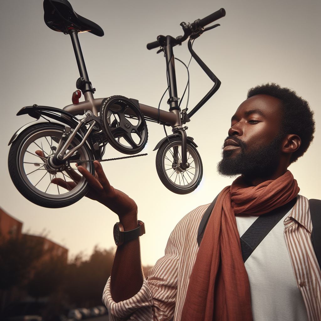 ryo_u_say's tweet image. 「チタン製の Brompton T-Line を片手で持ち上げて軽さをアピールする男」

#brompton #ブロンプトン #tline #Tライン
#bingimagecreator