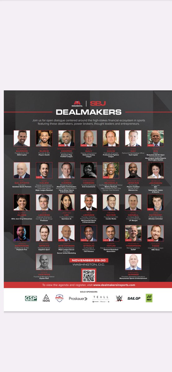 #Dealmakers 🗓️ Nov. 29-30 📍Salamander DC More info and 🎟️ events.sportsbusinessjournal.com/2023-dm/p/1 #SBJDM #sportsbiz #finance #investing