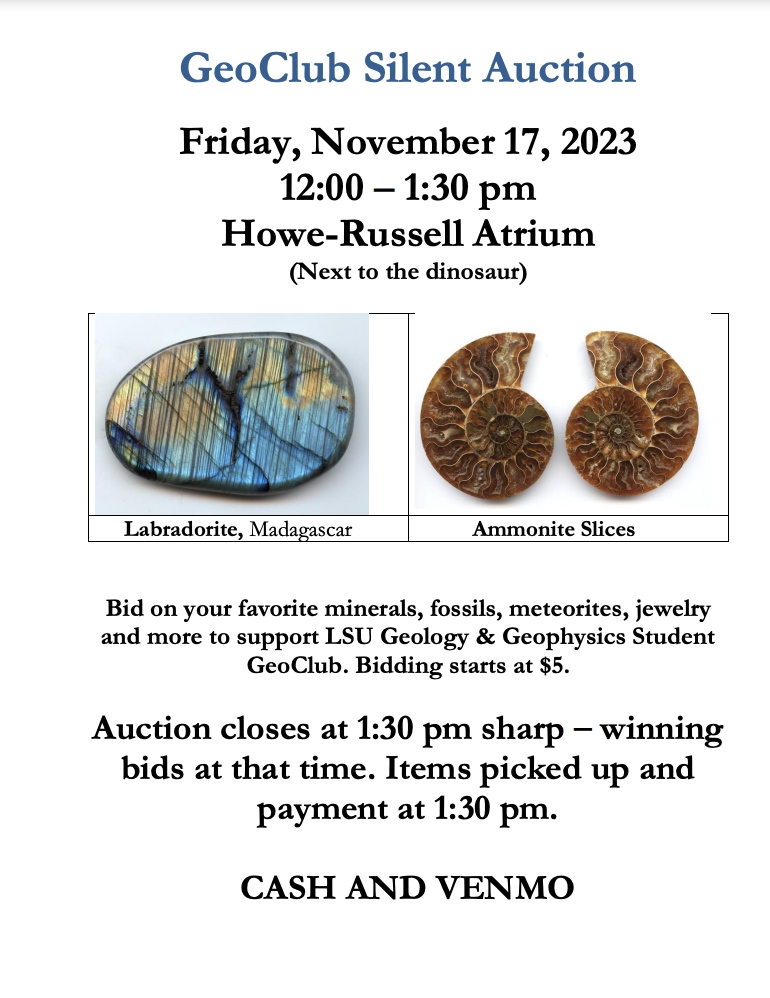 LSUGeology's tweet photo. Get excited for the #LSUGG and @LSUGeologyClub annual Silent Mineral Auction! You don't want to miss out on a chance to grow your personal rock collection! #LSUGG #GeauxGeology #LSUScience https://t.co/N2B829I8f7