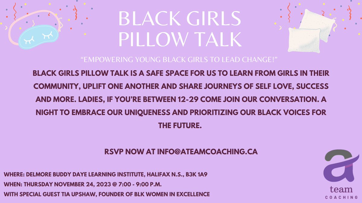 Join us for an evening of youth empowerment for Black Women and Girls! Black Girls Pillow Talk is about creating a safe space for Black Ladies between the ages of 12-29 to learn from girls in the community, uplift one another and share journeys of self-love, success and more