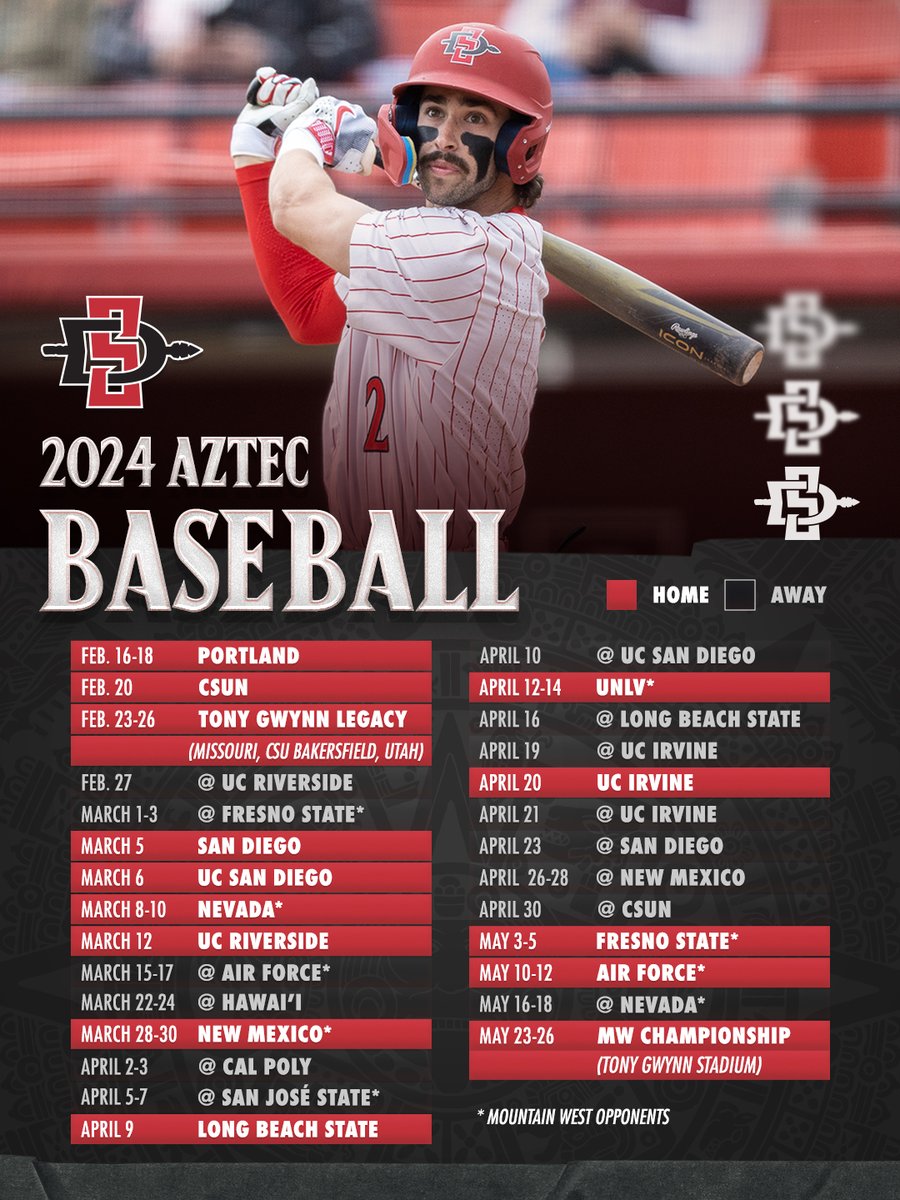 🔥 🔥 Hot off the presses 🔥 🔥 Our 2024 schedule has arrived! We have 27 home games slated for next spring, including three at the 9th annual Tony Gwynn Legacy. February can't get here soon enough! #GoAztecs ⚾️❤️🖤 📰 Story: tinyurl.com/hu5dfn46