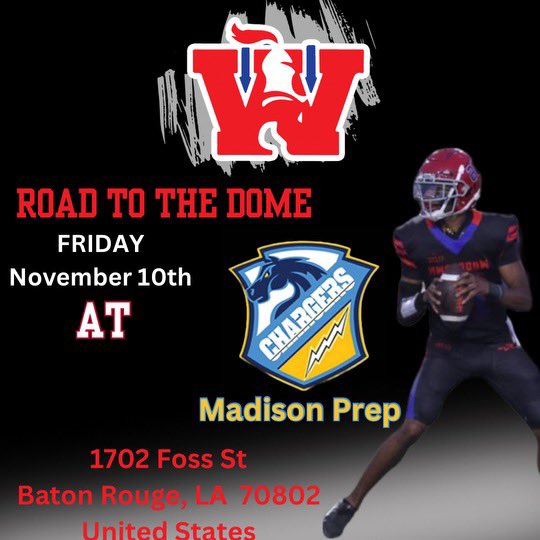 Woodlawn Leadership Academy Athletics (@wla_athletics) on Twitter photo Game info:
Woodlawn Knights vs Madison Prep Chargers
Tickets $15 Online or at the gate.
Friday Nov. 10. 7pm
<a href="/BREC/">Brec Carson</a> Memorial Stadium
1702 Foss St
Baton Rouge, LA 70802
United States Game info:
Woodlawn Knights vs Madison Prep Chargers
Tickets $15 Online or at the gate.
Friday Nov. 10. 7pm
<a href="/BREC/">Brec Carson</a> Memorial Stadium
1702 Foss St
Baton Rouge, LA 70802
United States