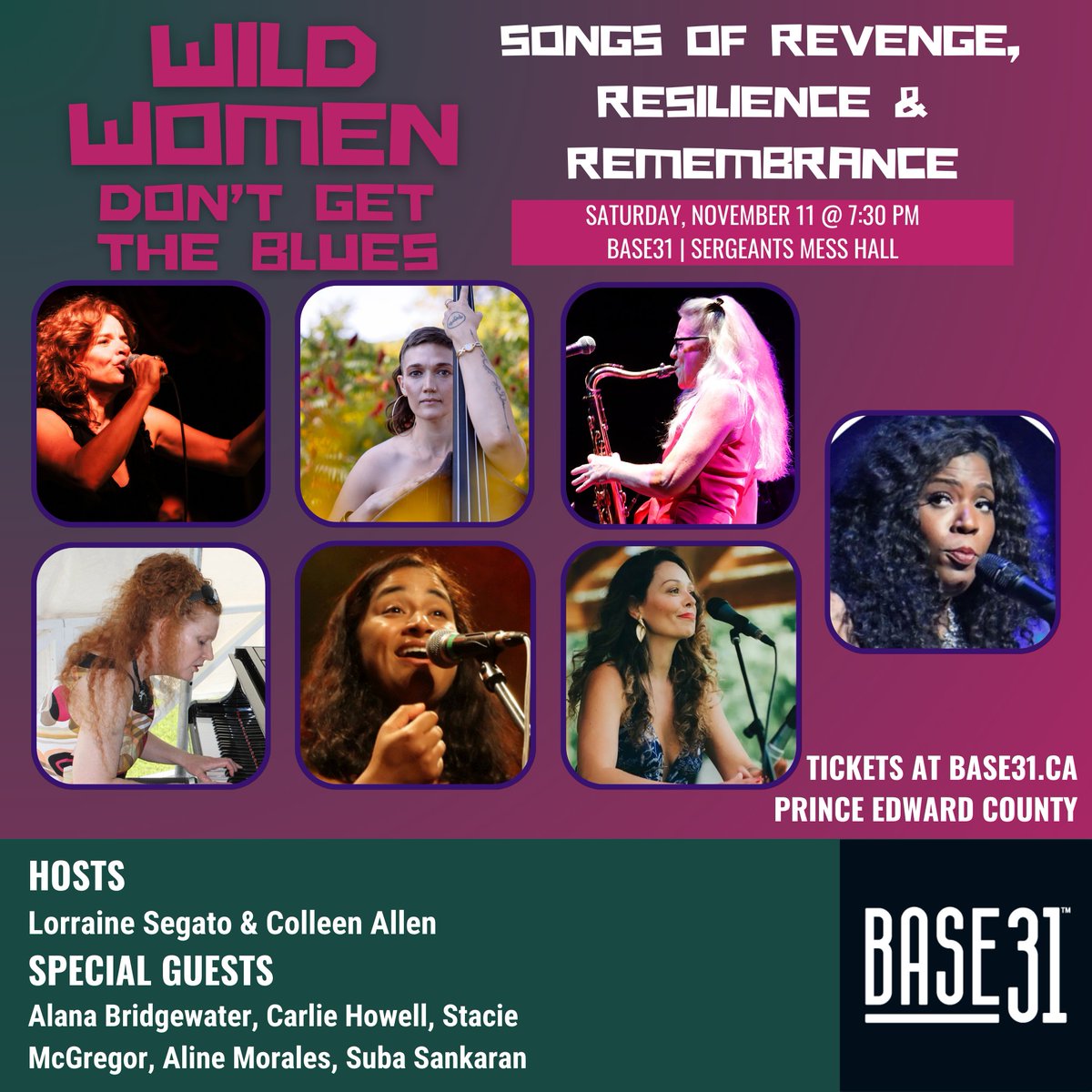 Base31PEC (@base31pec) on Twitter photo Join us on Nov 11th for an electrifying night at Sergeants Mess Hall, celebrating fierce feminism with the Wild Women Cabaret led by <a href="/LorraineSegato/">Lorraine Segato</a> and Colleen Allen .
Get your tickets now: Base31.ca
#WildWomenCabaret #RemembranceDay #livemusic Join us on Nov 11th for an electrifying night at Sergeants Mess Hall, celebrating fierce feminism with the Wild Women Cabaret led by <a href="/LorraineSegato/">Lorraine Segato</a> and Colleen Allen .
Get your tickets now: Base31.ca
#WildWomenCabaret #RemembranceDay #livemusic