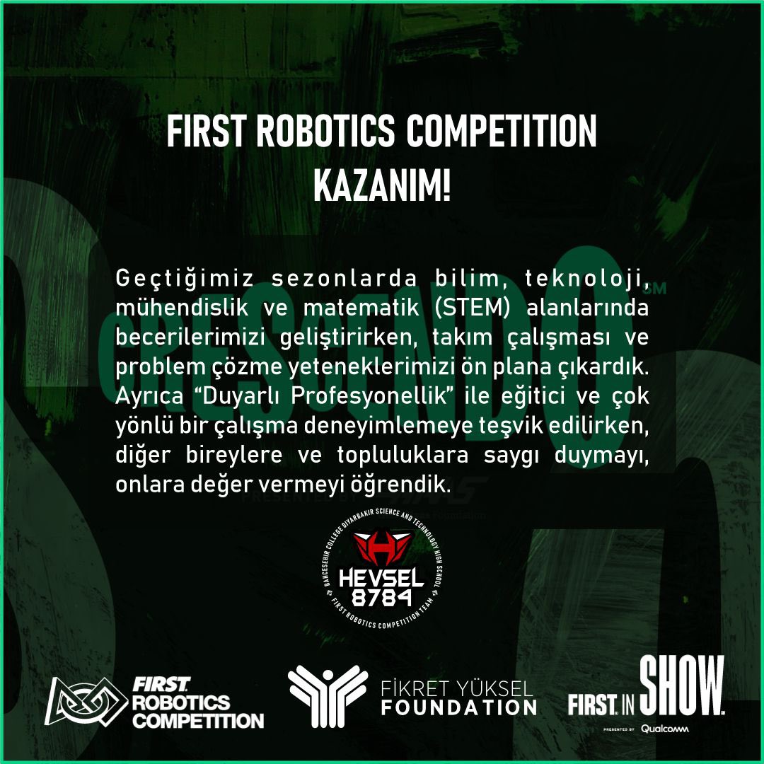 FIRST ROBOTICS COMPETITION
Kazanımlarımız!..

#frcTürkiye
<a href="/FRCTeams/">FIRST Robotics Competition</a> 
<a href="/FYukselFound/">F. Yuksel Foundation</a>