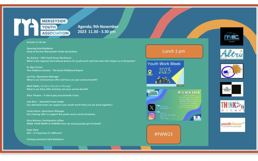 #YWW23 

🪡🧵

We are very excited to be hosting an event this coming Thursday for National Youth Work Week in #Knowsley 

We want to bring the sector together, talk, network, get to know our partners & build relationship. 💙

We have a jam packed agenda, with great speakers