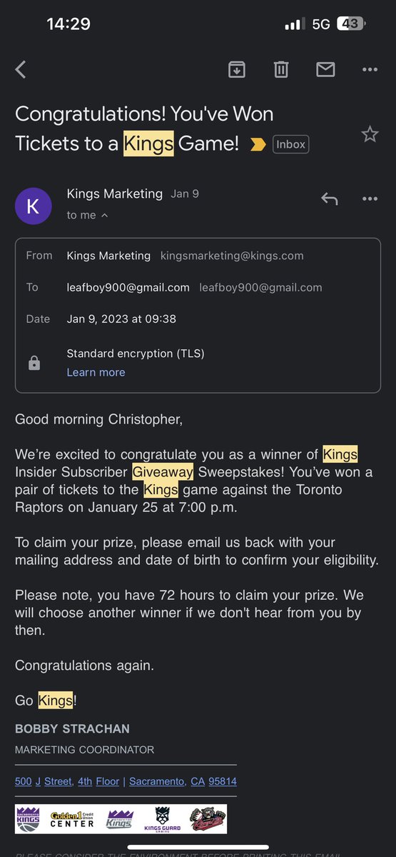LogicChrissy's tweet photo. @Scott_Fresh I saw on Reddit that you clarified sweepstakes eligibility on kings Reddit. I was emailed from kings marketing that I won free kings tickets on 01/2023 but they never reached back out to me after emailing / calling the kings box office. https://t.co/VoWTlJtIpB