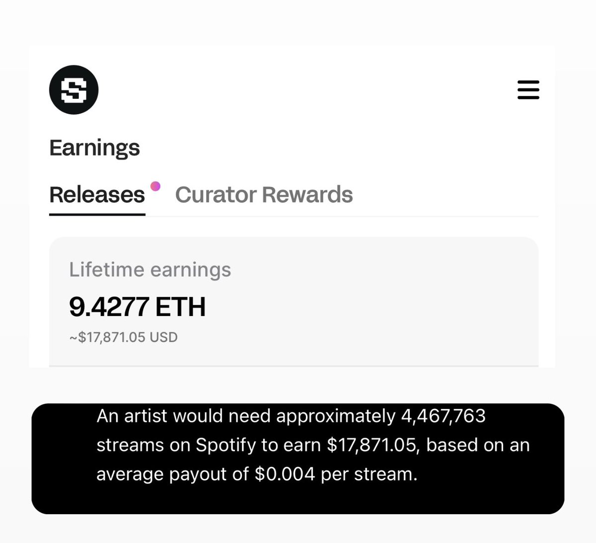 I dropped my first song on <a href="/soundxyz_/">sound.xyz (🎧,🎧)</a> in early August.

It’s been four months. If I were solely focusing on streaming platforms…

I would have needed to generate over 4.4M streams to make a 9.4 ETH profit.

In the grander scheme of things, in total, I’ve done over 16 ETH in