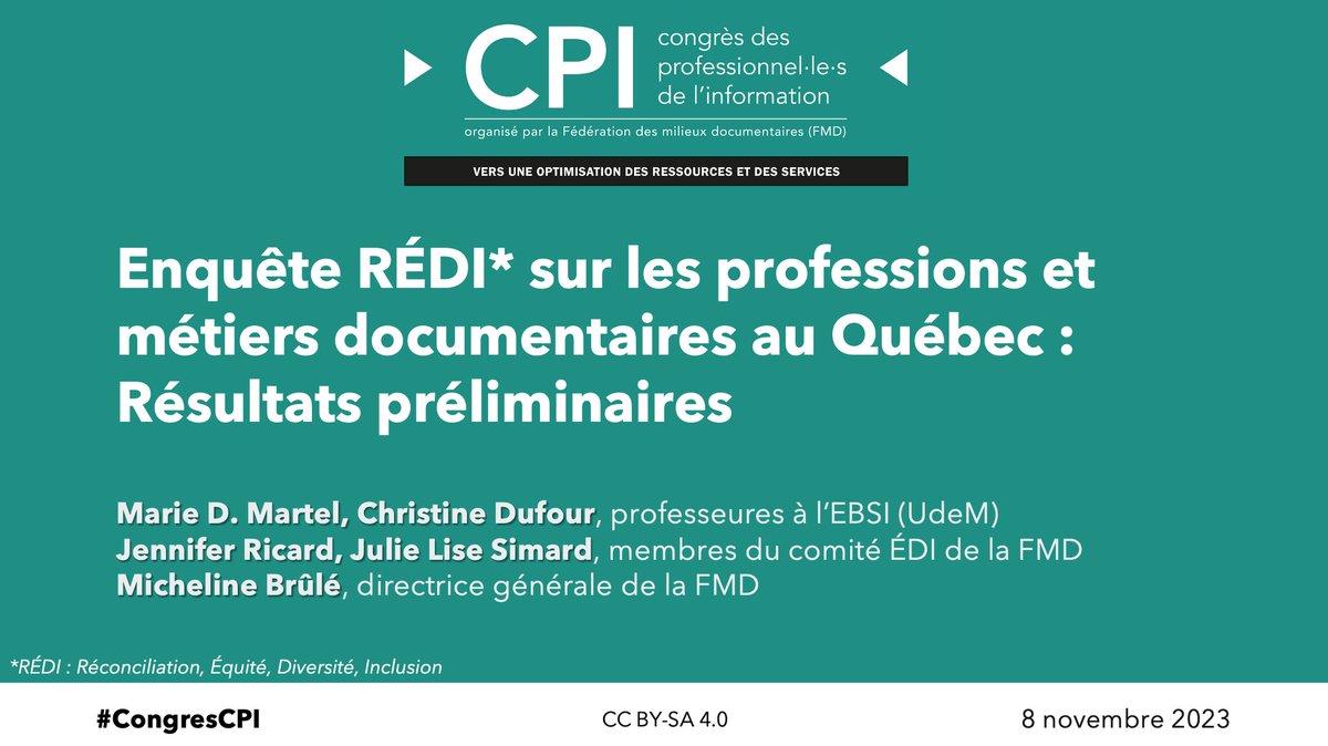 cdufour's tweet photo. Nous aurons le plaisir de dévoiler demain, au #CongrèsCPI, des résultats préliminaires de l'enquête en cours sur la réconciliation, l'équité, la diversité et l'inclusion au sein des professions et métiers documentaires au Québec. Venez nous rencontrer à 13h à la salle BAnQ! https://t.co/rkbVF0pZ2d