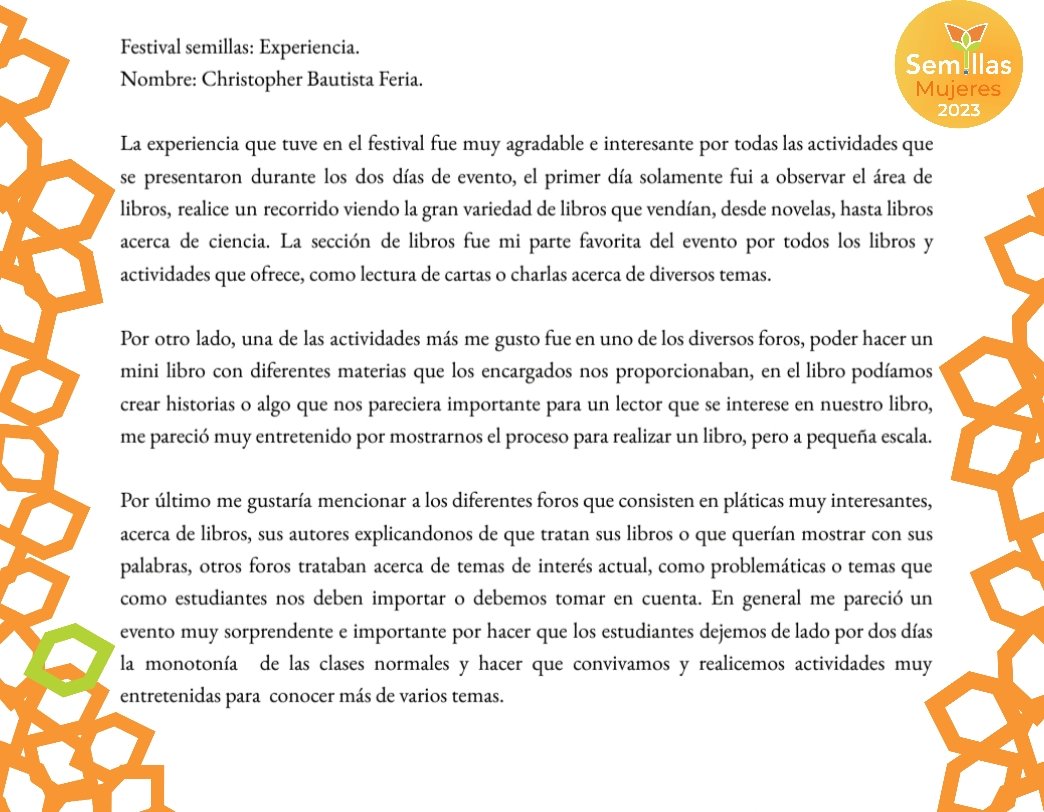 Compartimos con ustedes un pequeño texto sobre la experiencia vivida en el Festival Semillas 😇📚🎉 #uacm #uacmslt #festivalsemillas2023 #Cultura #Arte #Escritores #UACM #CDMX2023  #Concurso #Cuento #Espectáculos #Conferencias #Talleres #Educación #FestivalSemillas2023