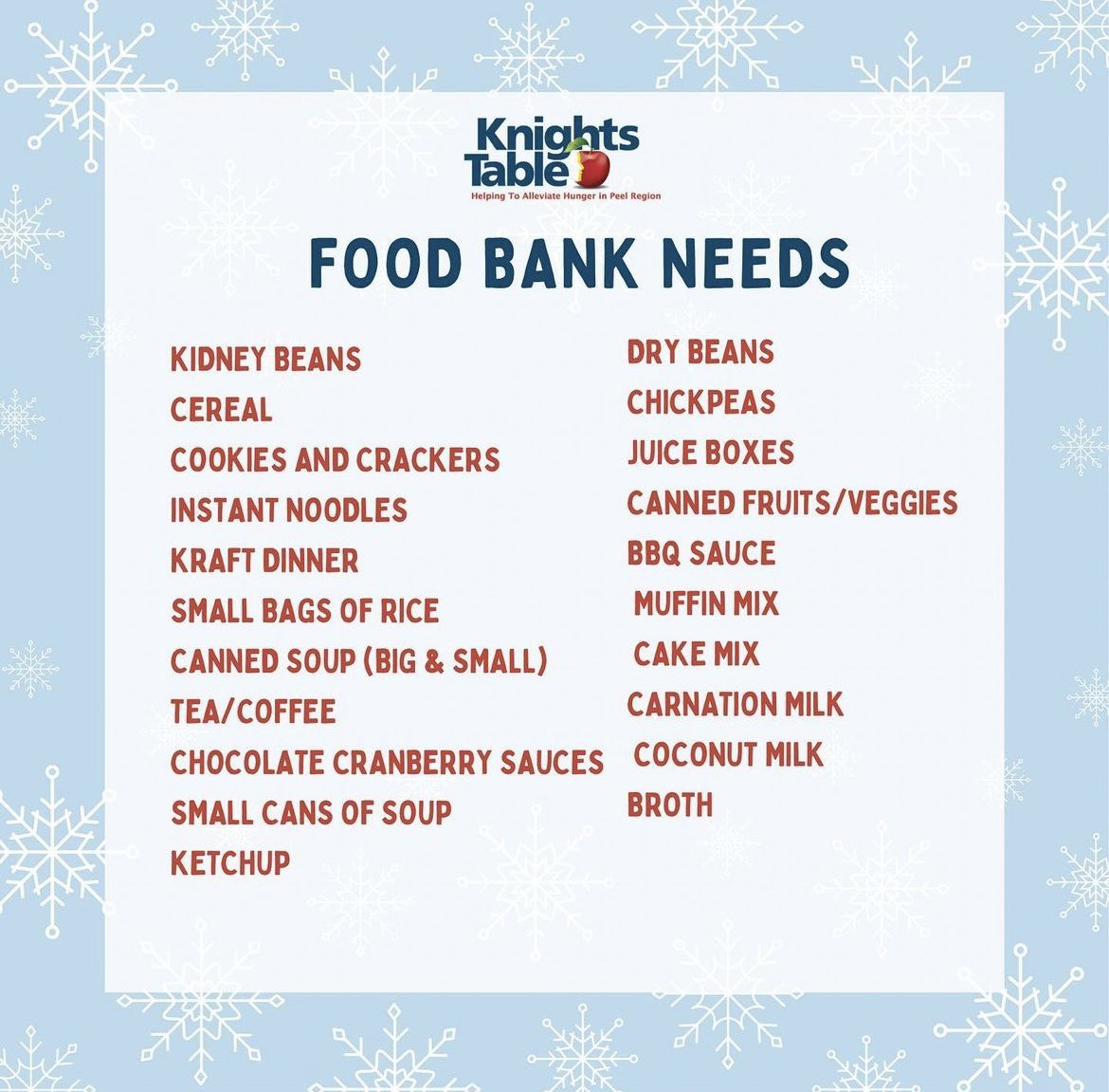 Food bank use is at an all-time high. Help us stay stocked for the families who need the support. Food donation drop-off timings: 1. Monday to Friday: 10 am to 5 pm 2. Saturday to Sunday: 10 am to 4 pm #KnightsTable #Donation #FoodDonation