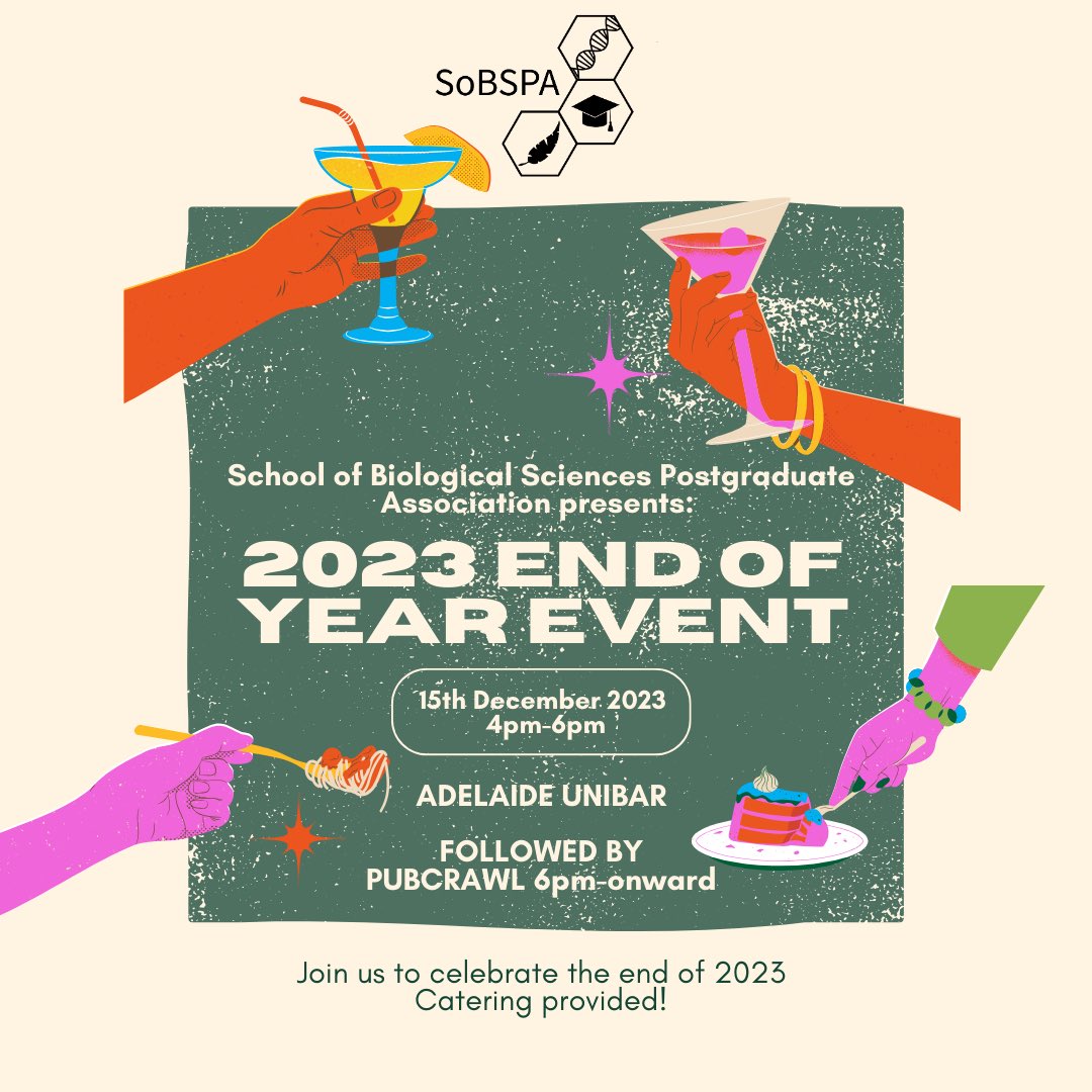 It’s the end of 2023- which means it’s time for our annual end of year event! Join us at the Adelaide UniBar at 4pm on the 15th of December to celebrate the end of 2023, with catering provided! We hope to see you all there- and after at the SoBSPA pubcrawl (details soon to come!)