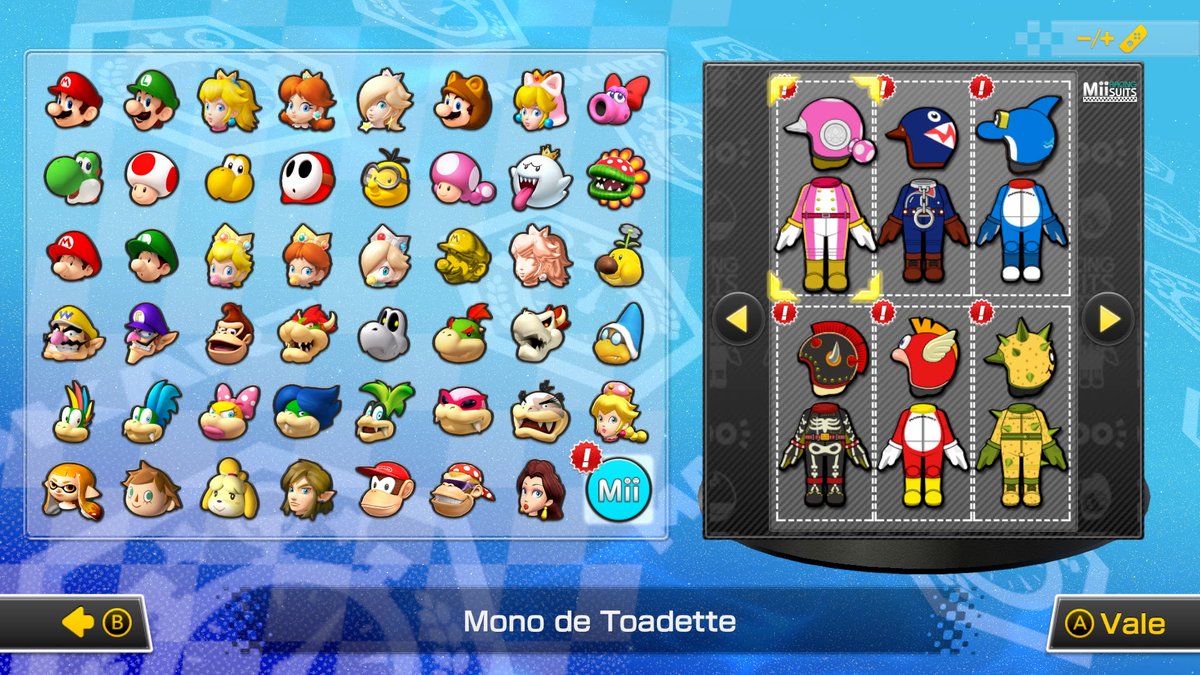 NintendoES's tweet image. Con la entrega 6 de #MarioKart 8 Deluxe – Pase de pistas extras también se añaden más de 15 monos adicionales para personajes Mii. ¡Viste a tu Mii con el mono de Goomba o el mono de Toadette, entre otros, o desbloquea el mono de Daisy con un amiibo de Daisy!