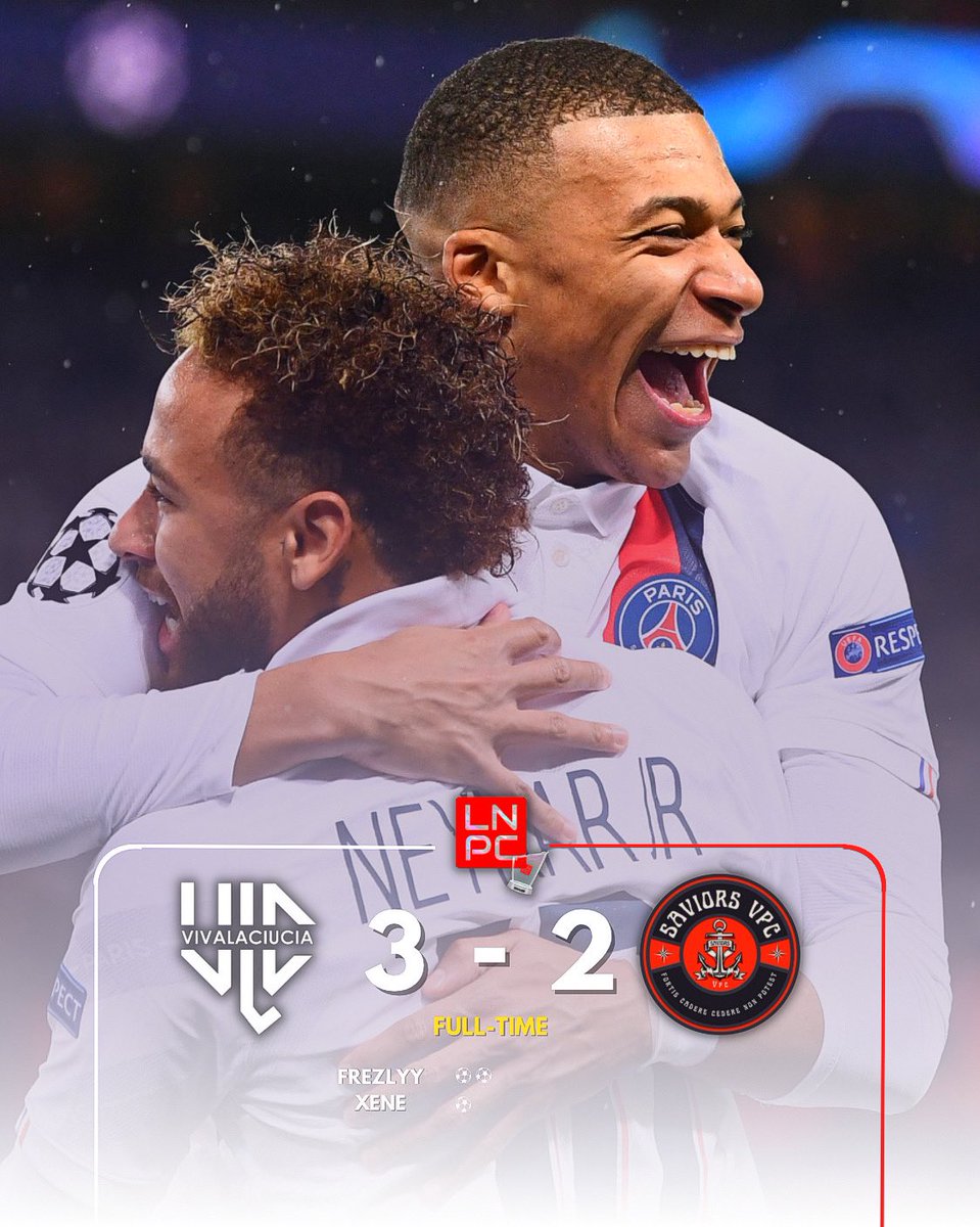 🖤FULL-TIME🤍
🏆| <a href="/LNPCup/">LNPC - Cup & League</a> 
🗓️| 10ª Giornata
🆚| <a href="/SaviorsVPC/">𝐒𝐚𝐯𝐢𝐨𝐫𝐬 𝐕𝐏𝐂</a> 
✅| 3️⃣-2️⃣

⚽️⚽️| @frezlyy22 
⚽️| @yXeneTW_ 

👟👟👟| <a href="/xAdriii/">adr7i</a> 

🌟| @frezlyy22