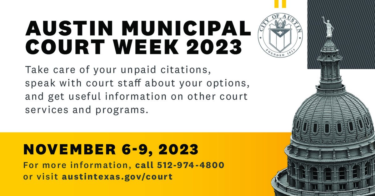 Austin_Police's tweet photo. Have an unpaid citation or need court services? #MunicipalCourtWeek is November 6-10 with mobile courts + information booths. No RSVP required. Spanish interpretation available.
More info: https://t.co/ejiN3QgJA5 or (512) 974-4800 https://t.co/1s6nIPqyXN
