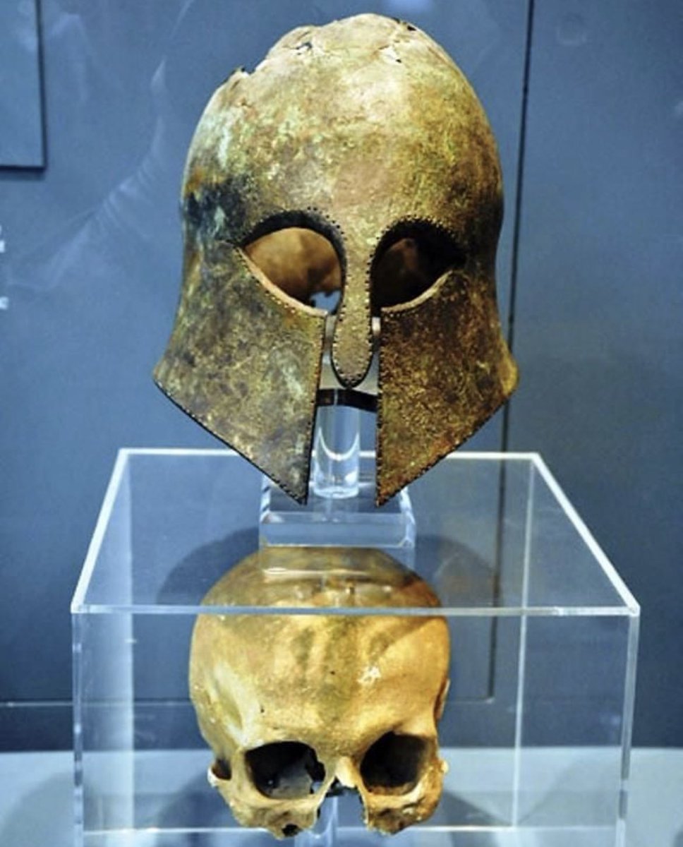 Corinthian helmet found with the soldier's skull still inside from the Battle of Marathon, which took place in 490 BC during the first Persian invasion of Greece.

More than 2,500 years ago, on the morning of September 12th, 10,000 Greek soldiers gathered on the plains of