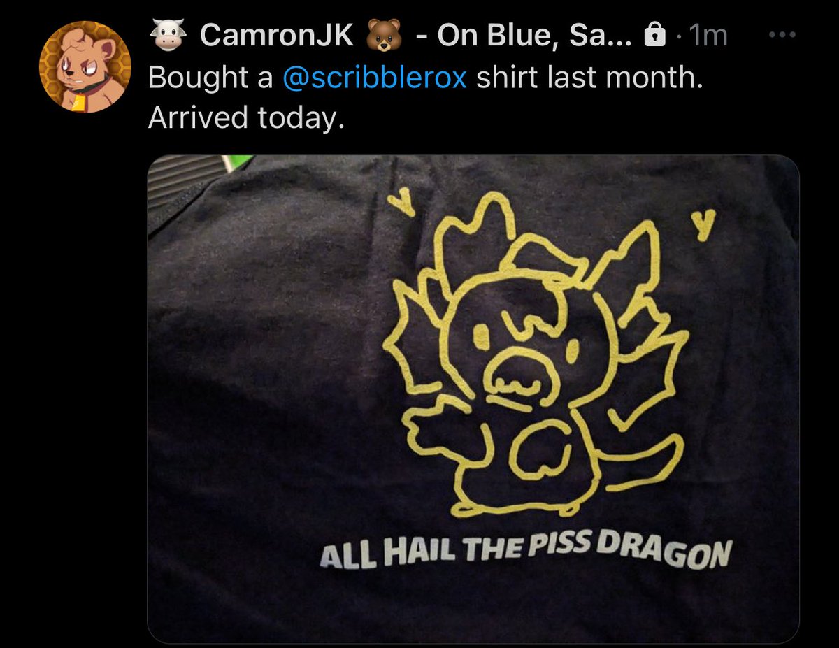 scribblerox's tweet photo. anni stream jackbox shirts are slowly arriving.
the fact that any of yβall bought these scruffy things makes me smile ; ;
(screenshot permission from @CamronJK)
#scribbledrox https://t.co/InzL1cIMeq