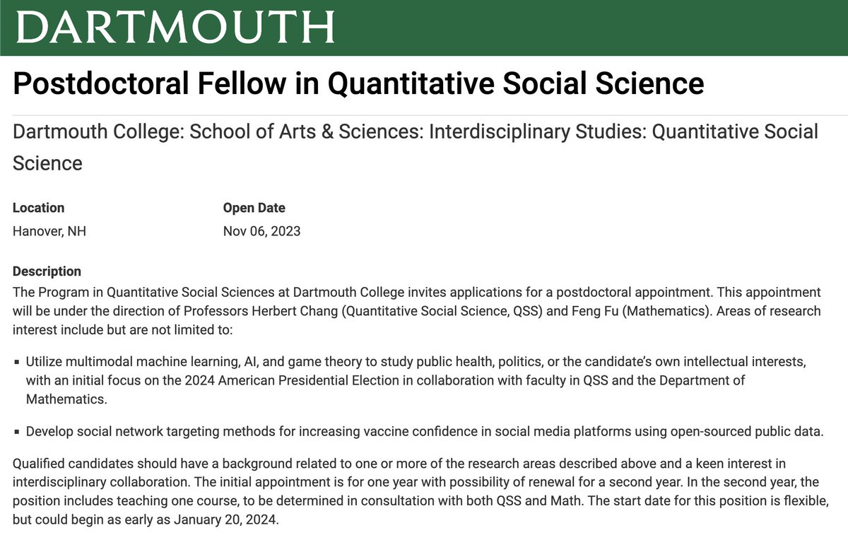 QSS is hiring a postdoc @Dartmouth! (addn'l postdoc and PhD opportunities below). Please help share widely!
We'll be combining empirical, LLM-driven, and modeling approaches to politics and public health. Start date flexible!

Apps due 12/12/2023 apply.interfolio.com/136116