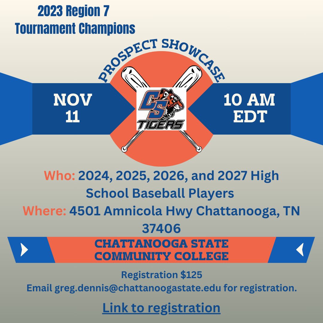 Spots still available to join us this weekend in Chattanooga on a beautiful Saturday in November for the <a href="/ChattStTigersBB/">Chatt State Baseball</a> Prospect Showcase!

sign up here: secure.touchnet.net/C20043_ustores…