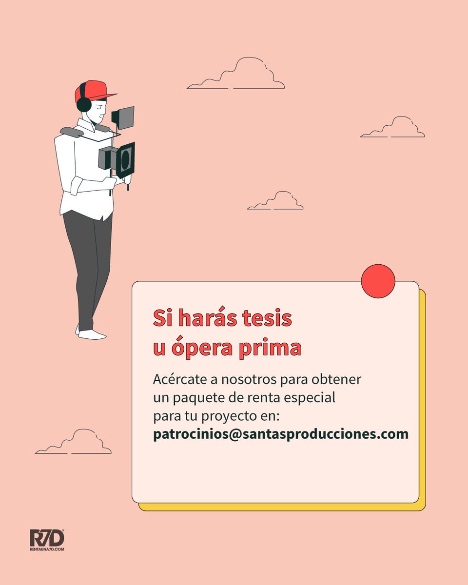 R7D Apoya a estudiantes y maestros en sus proyectos cinematográficos, no importa si solo requieres accesorios o buscas rentar todo el kit de cámara/lentes/luces/sonido. Tenemos una solución para ti y hacemos paquetes especiales para escuelas que buscan realizar ejercicios y tésis