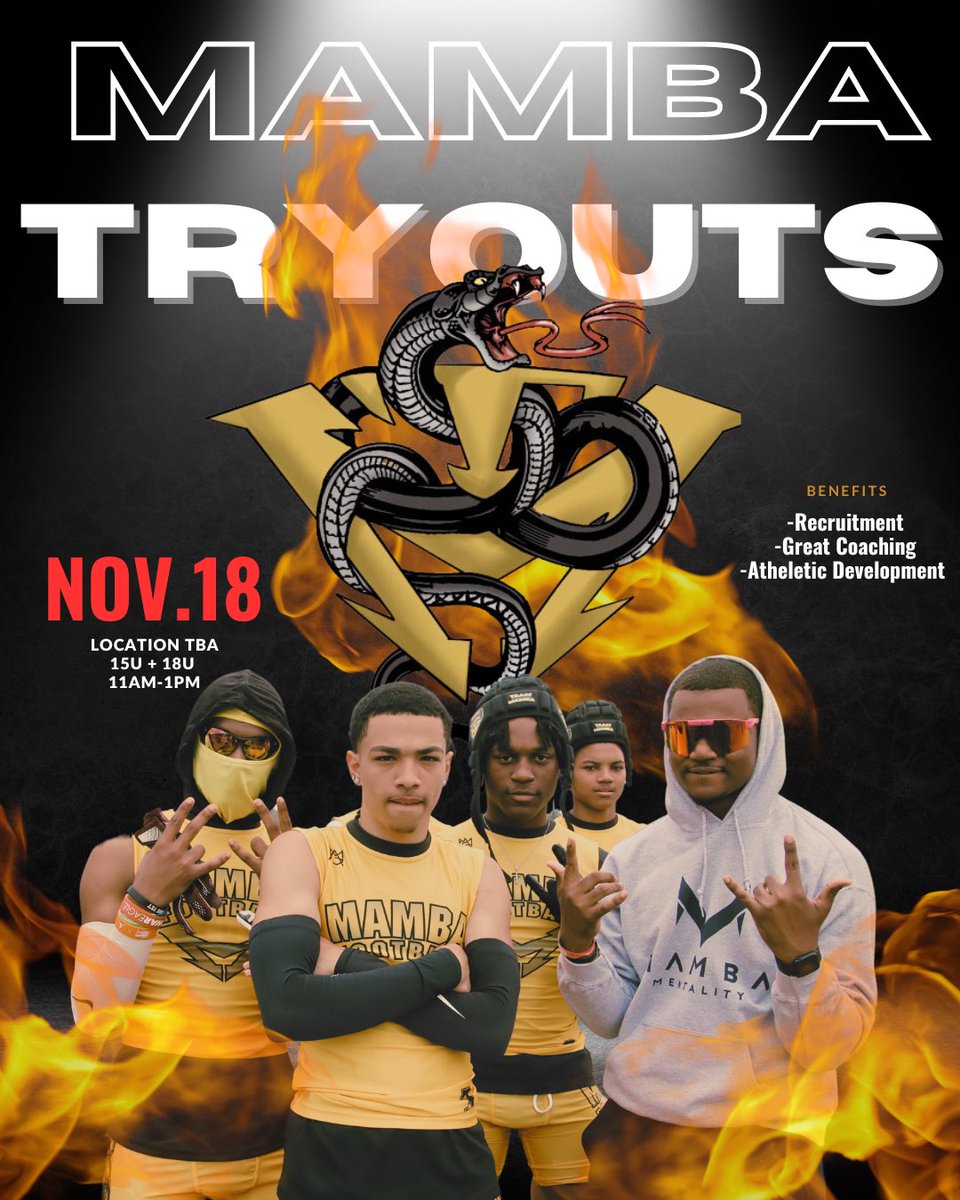 Calling all aspiring young men! 
Join us for the Mamba 7v7 first tryout on November 18th from 11 am to 1 pm! 
Are you ready to take your football skills to the next level? We're searching for dedicated individuals who want to be developed and play at the highest levels