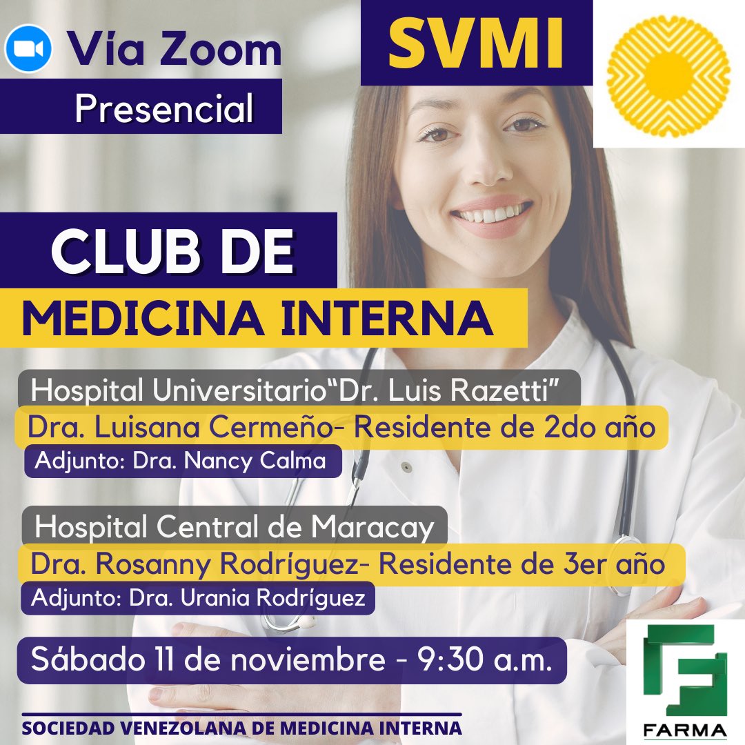 Club de Medicina Interna ‼️🆗

Este próximo sábado 11/11 estaremos llevando a cabo nuevamente nuestro emblemático club de medicina interna 👩🏻‍⚕️👨🏻‍⚕️

Con la participación de residentes del Hospital Universitario "Dr. Luis Razetti" y del "Hospital Central de Maracay" 🏥