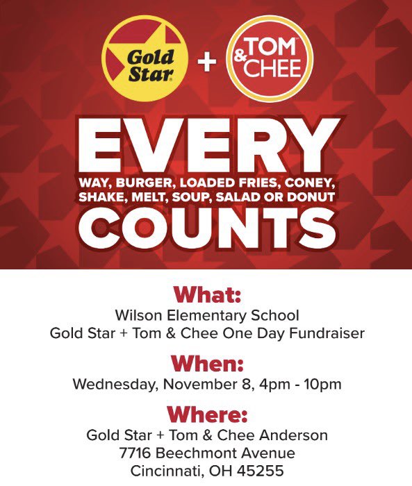 Hey @WilsonElem and @FHSchools: tomorrow, Wed Nov 8th, eat dinner at @goldstarchili + @TomAndChee Anderson to support Wilson students & staff!