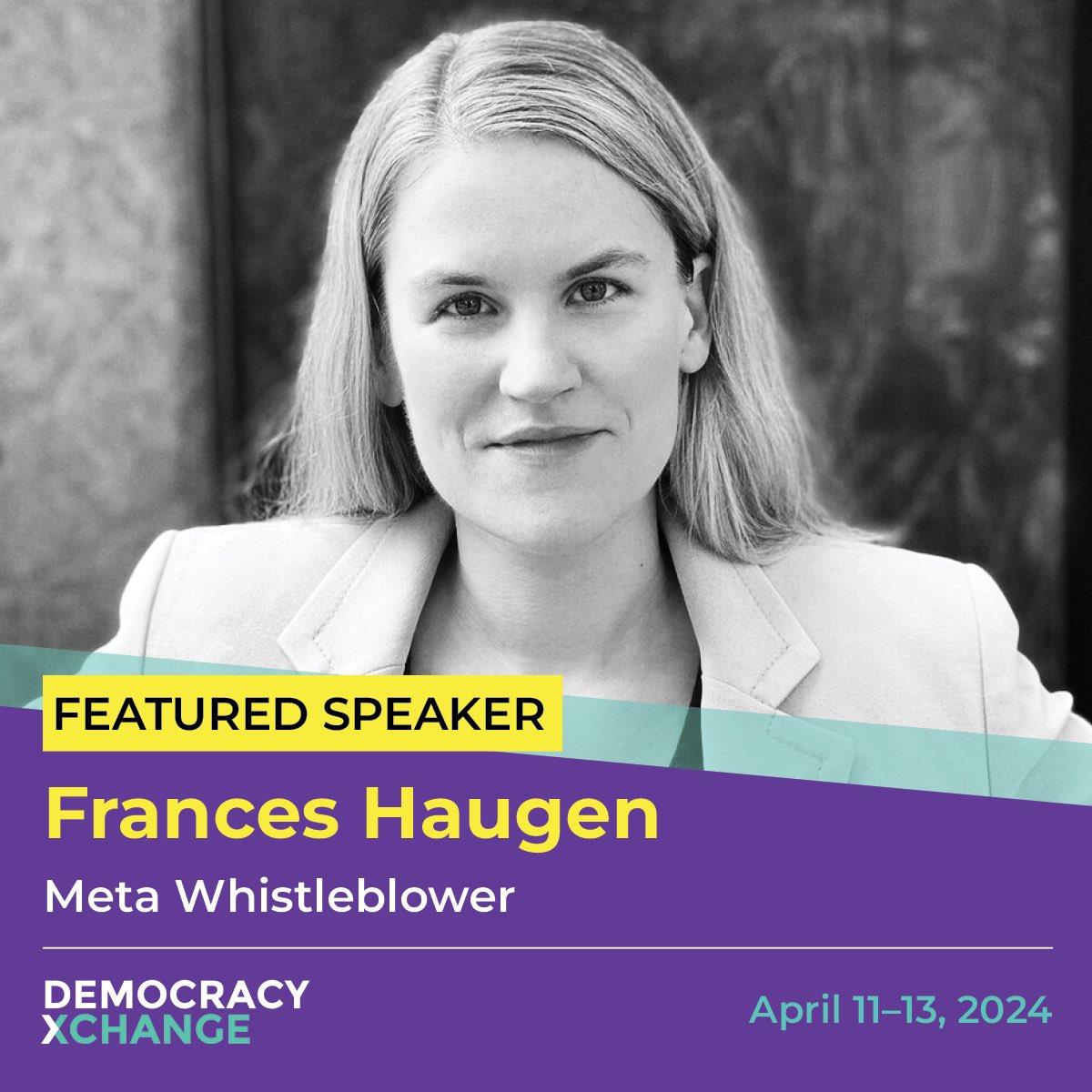 DemocracyXChange (@dxcsummit) on Twitter photo Just announced: DemocracyXChange (DXC) 2024 will take place in Toronto from April 11–13, 2024.
#DXC24 has unveiled its 1st featured speaker, responsible tech advocate, <a href="/FrancesHaugen/">Frances Haugen</a>.
Learn more at: democracyxchange.org/news.
Get early bird tickets at: democracyxchange.org/event-details/… Just announced: DemocracyXChange (DXC) 2024 will take place in Toronto from April 11–13, 2024.
#DXC24 has unveiled its 1st featured speaker, responsible tech advocate, <a href="/FrancesHaugen/">Frances Haugen</a>.
Learn more at: democracyxchange.org/news.
Get early bird tickets at: democracyxchange.org/event-details/…